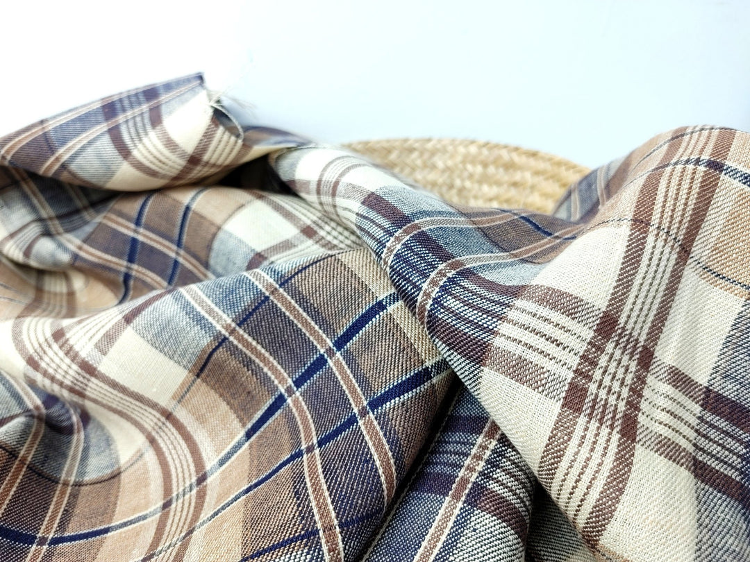 100% Linen Twill Plaid Fabric Medium Weight 7759 7760 - The Linen Lab - Navy