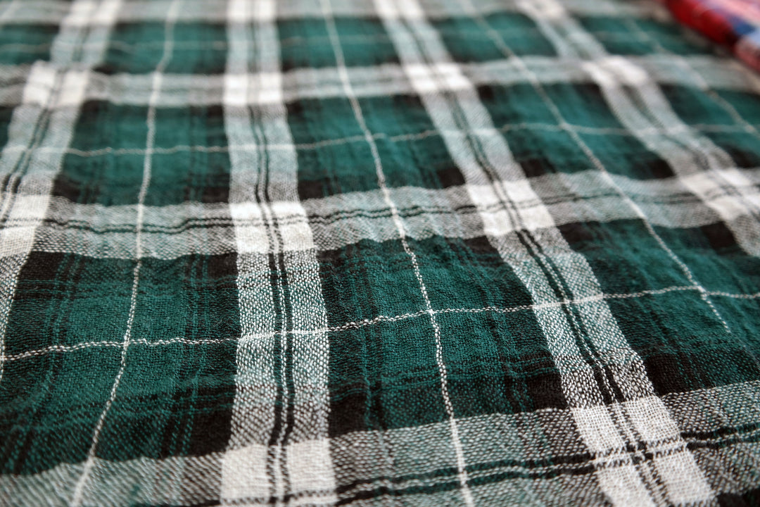 Linen Plaid Fabric with Wrinkle Effect (7150 7151) - The Linen Lab - Green