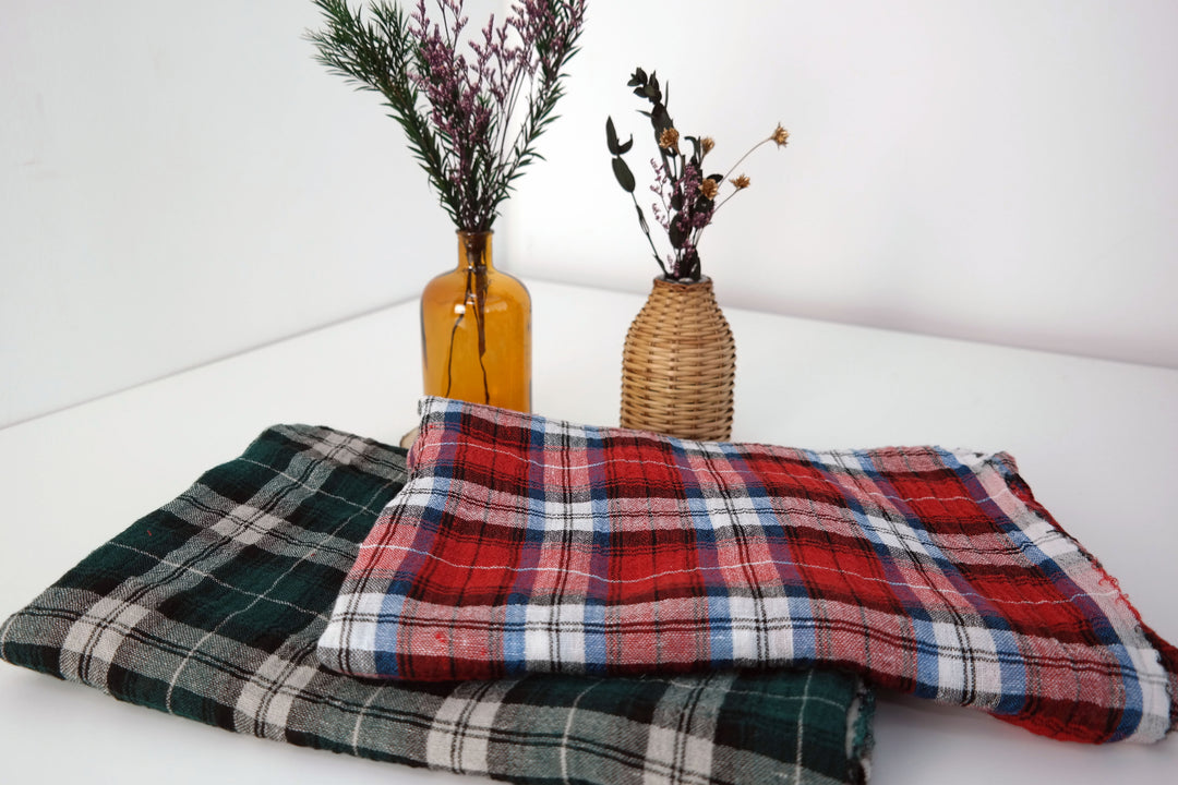 Linen Plaid Fabric with Wrinkle Effect (7150 7151) - The Linen Lab - Red
