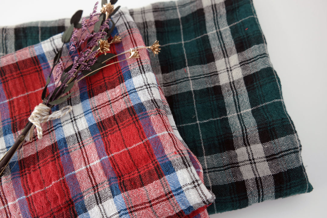Linen Plaid Fabric with Wrinkle Effect (7150 7151) - The Linen Lab - Red