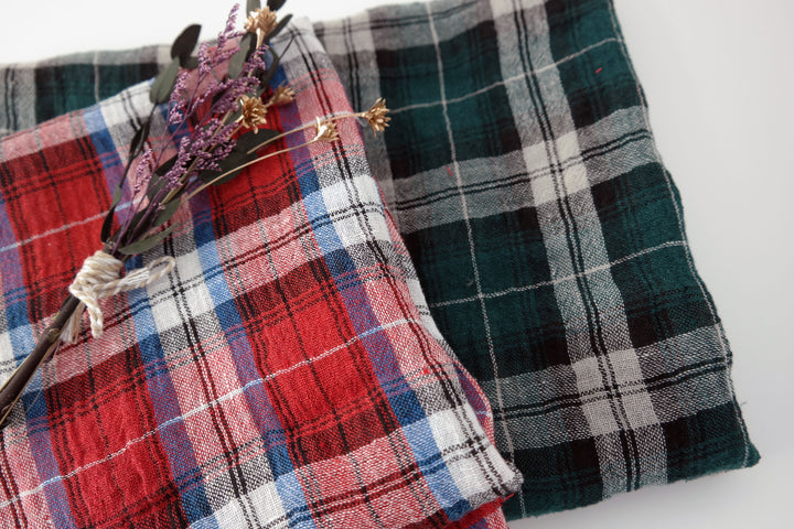 Linen Plaid Fabric with Wrinkle Effect (7150 7151) - The Linen Lab - Red