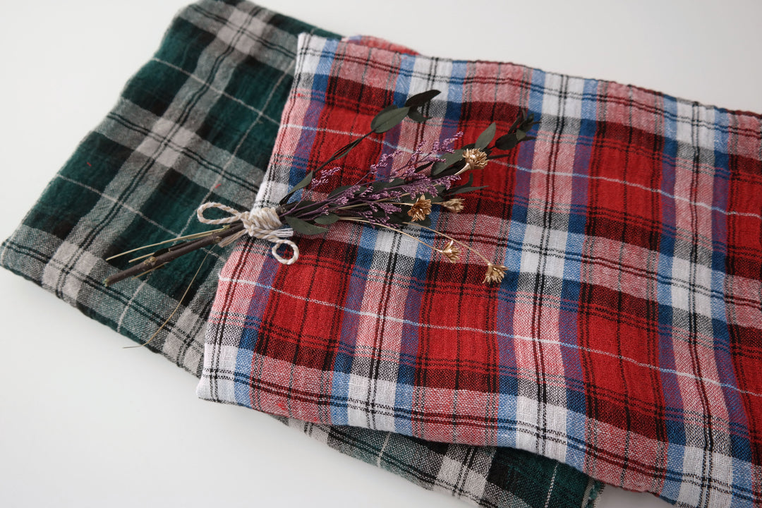 Linen Plaid Fabric with Wrinkle Effect (7150 7151) - The Linen Lab - Red