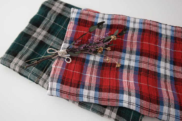 Linen Plaid Fabric with Wrinkle Effect (7150 7151) - The Linen Lab - Red