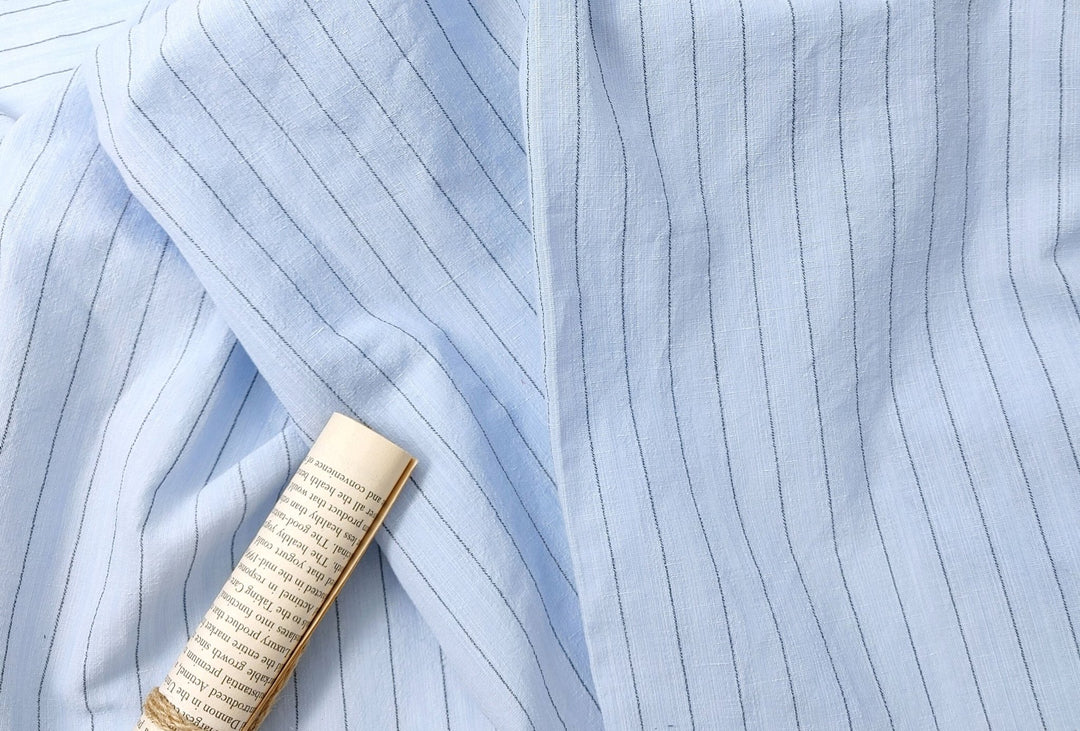 Airy Stripes: Linen with High-Twisted Cotton Lightweight Stripe Fabric 6109 6110 6111 6049 - The Linen Lab - Blue