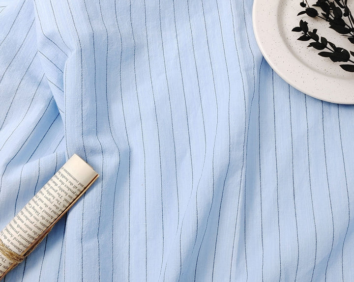 Airy Stripes: Linen with High-Twisted Cotton Lightweight Stripe Fabric 6109 6110 6111 6049 - The Linen Lab - Blue
