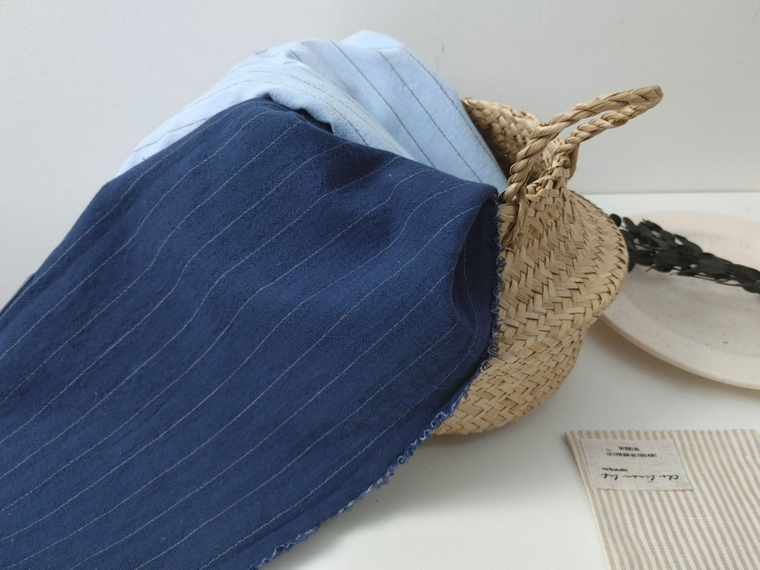 Airy Stripes: Linen with High-Twisted Cotton Lightweight Stripe Fabric 6109 6110 6111 6049 - The Linen Lab - Navy
