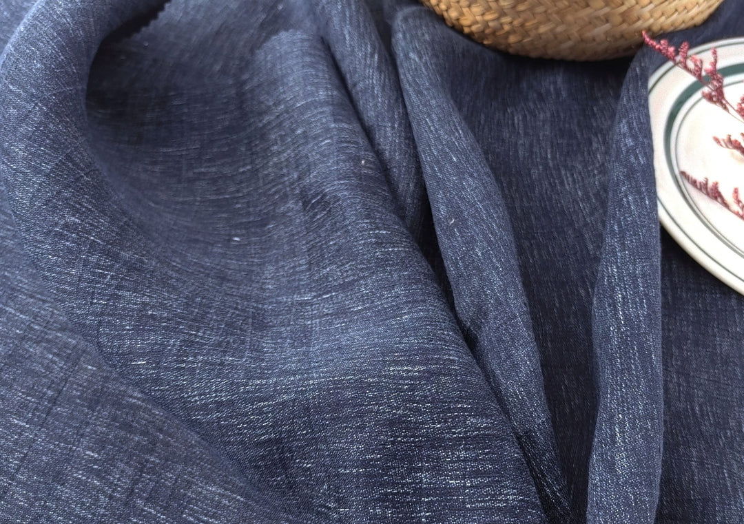 Arctic Nightfall: Linen Nylon Crease Effect Fabric with Subtle White Dot Print 4749 - The Linen Lab - Navy