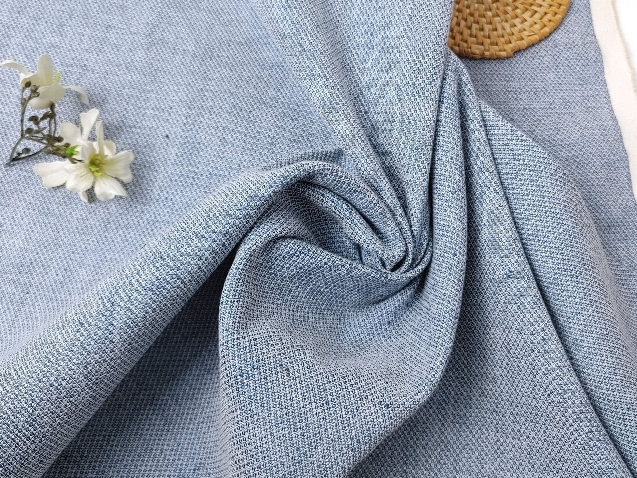 Blue Diamond Dobby Linen Cotton Stretch Fabric 4750 - The Linen Lab - Blue