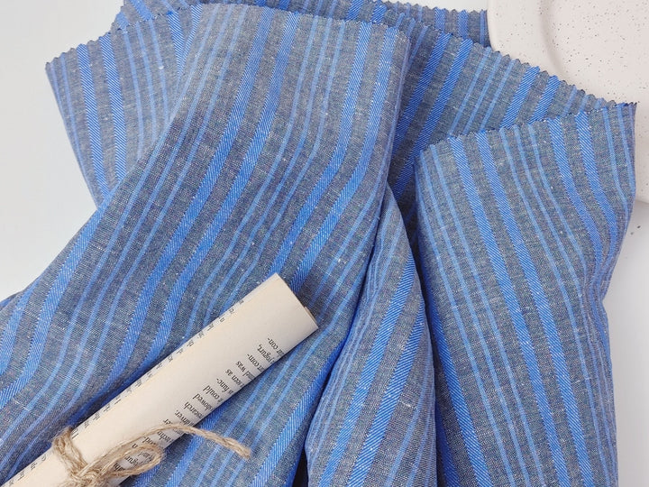 Blue Horizon: Linen Cotton with Stripes in Plain & Twill Weave 7341 - The Linen Lab - Blue