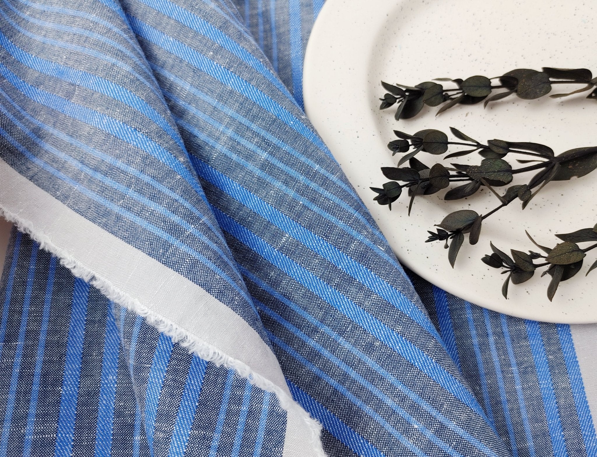 Blue Horizon: Linen Cotton with Stripes in Plain & Twill Weave 7341 - The Linen Lab - Blue
