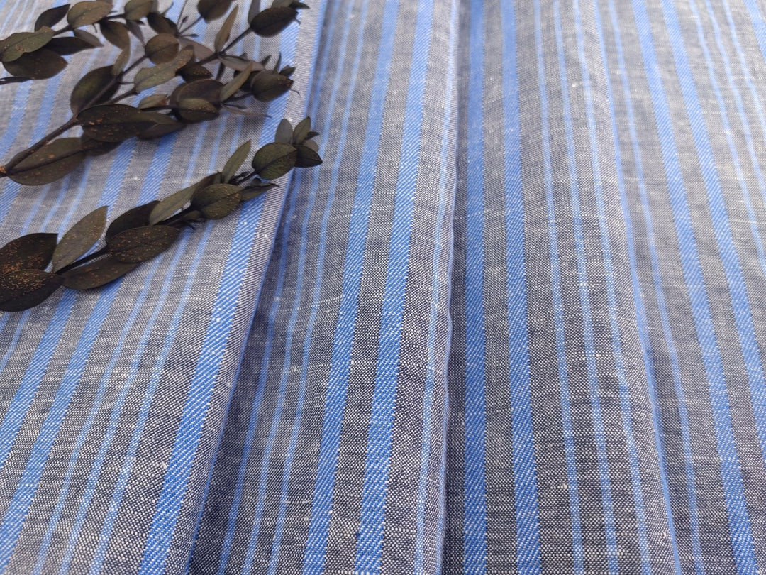 Blue Horizon: Linen Cotton with Stripes in Plain & Twill Weave 7341 - The Linen Lab - Blue