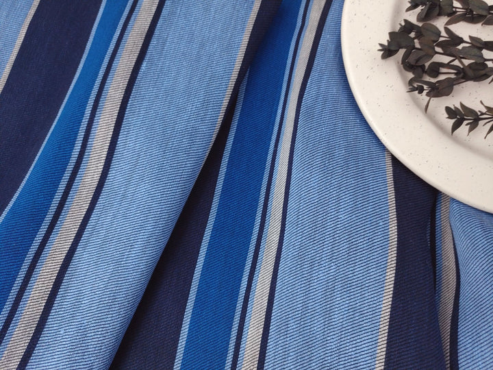 Blue Linen Rayon Twill Multi Stripe Fabric 4723 - The Linen Lab - Blue