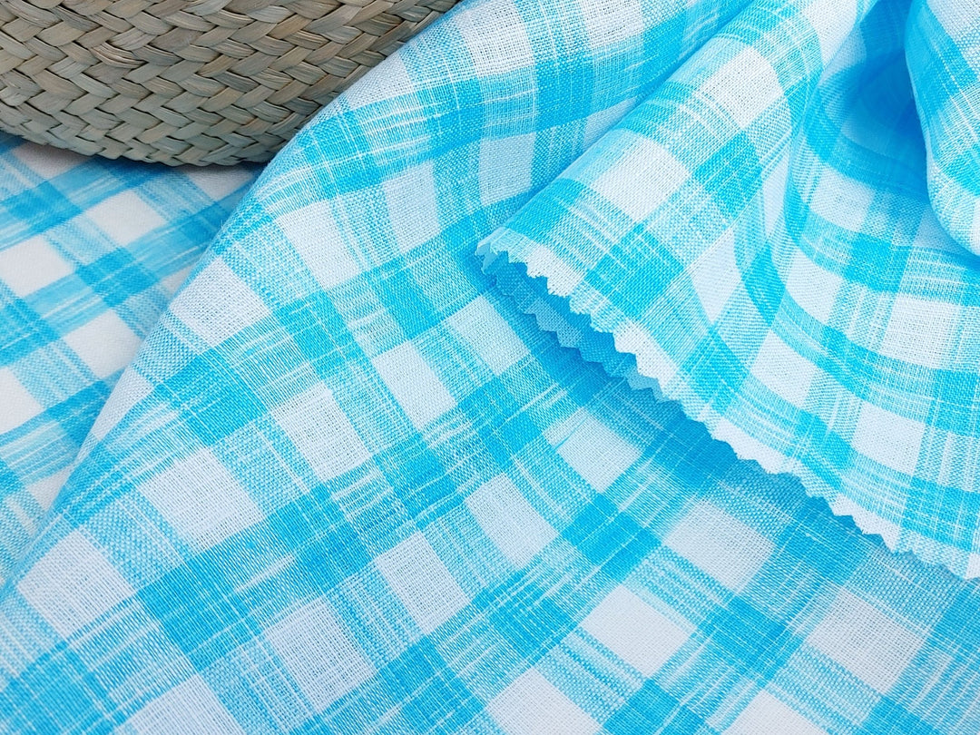 Blue Melange Check Lightweight 100% Linen Fabric 4671 - The Linen Lab - Blue