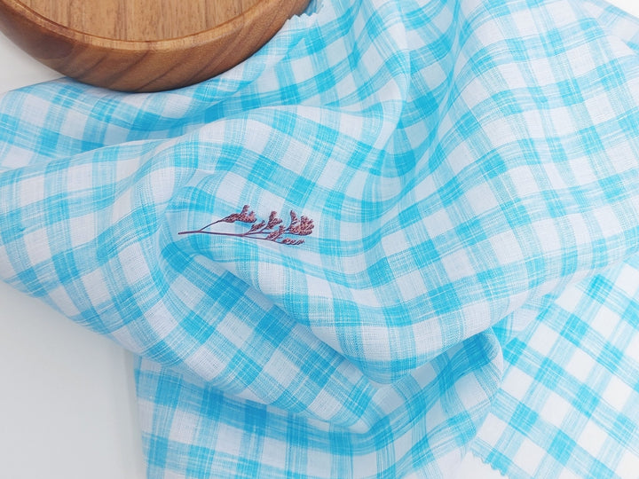 Blue Melange Check Lightweight 100% Linen Fabric 4671 - The Linen Lab - Blue