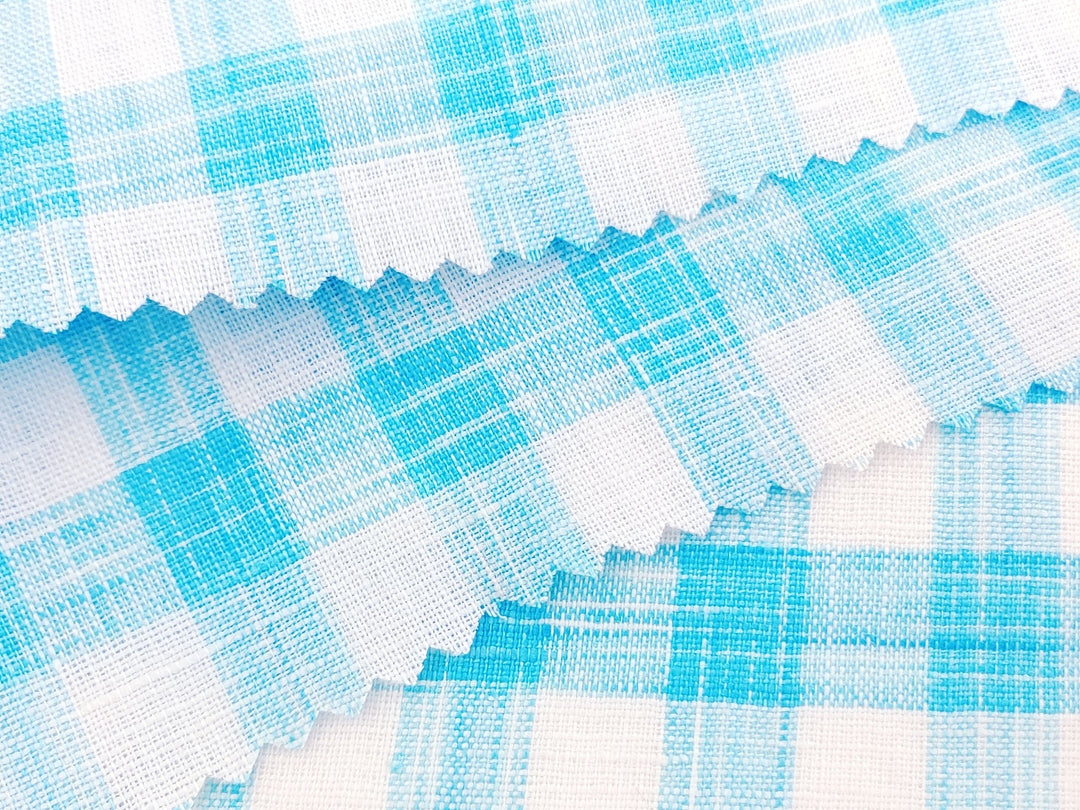 Blue Melange Check Lightweight 100% Linen Fabric 4671 - The Linen Lab - Blue
