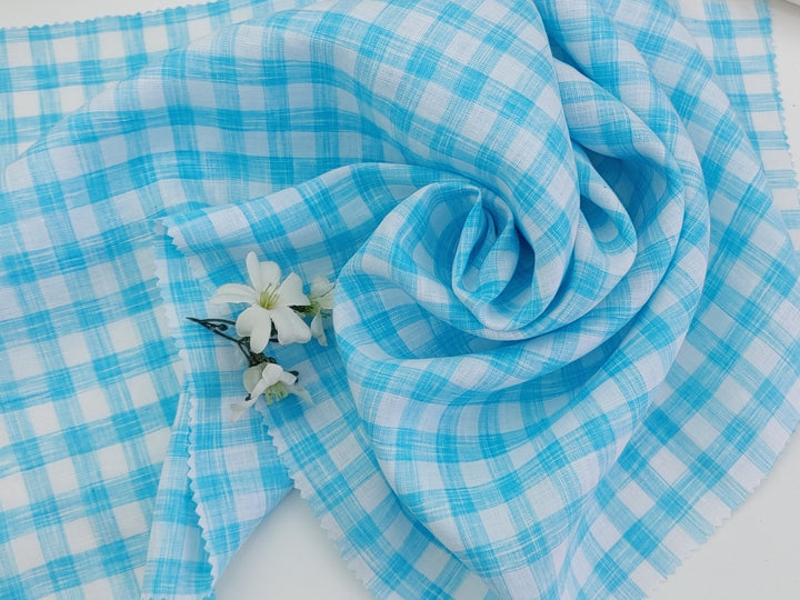 Blue Melange Check Lightweight 100% Linen Fabric 4671 - The Linen Lab - Blue
