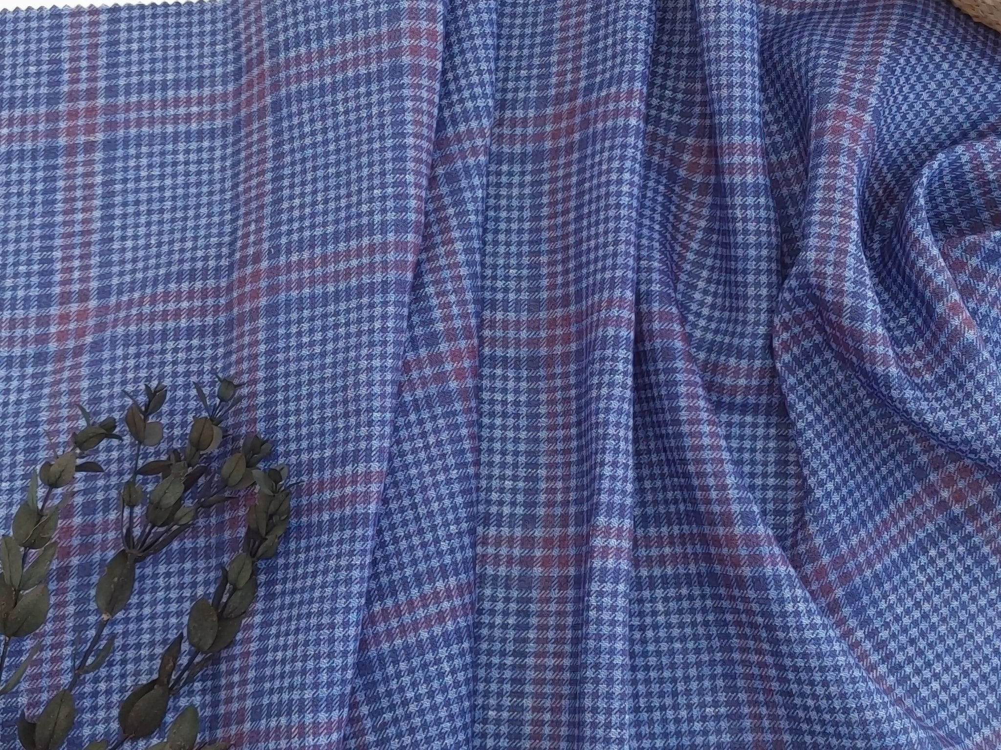 Blue Plaid Elegance: 100% Linen Printed Fabric 4394 - The Linen Lab - Blue