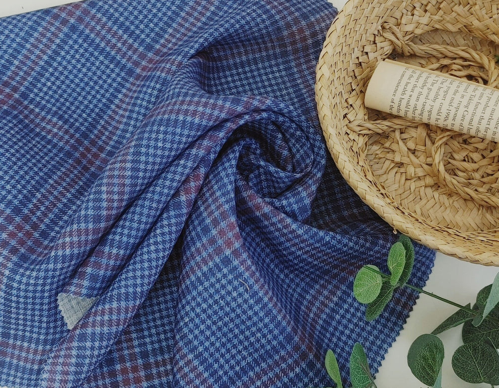 Blue Plaid Elegance: 100% Linen Printed Fabric 4394 - The Linen Lab - Blue