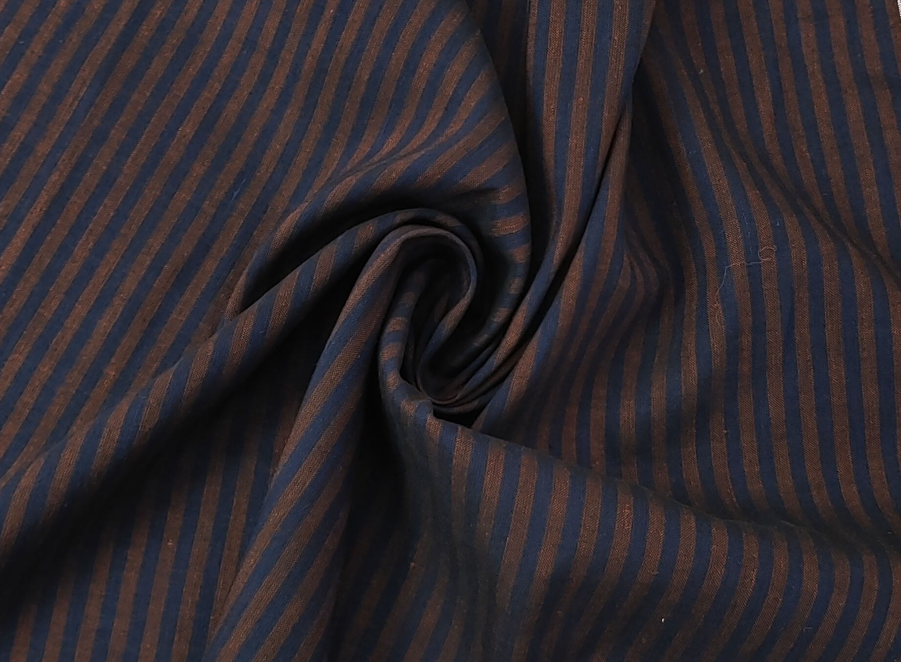 Brown Navy Stripe Linen Cotton Fabric 6635 - The Linen Lab - Brown