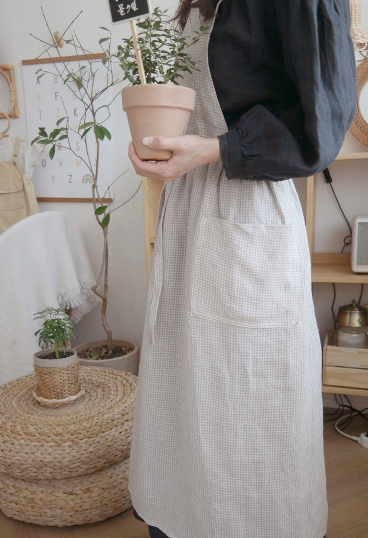 Linen Cross Back Apron with Small Gingham Check - The Linen Lab - Light Green
