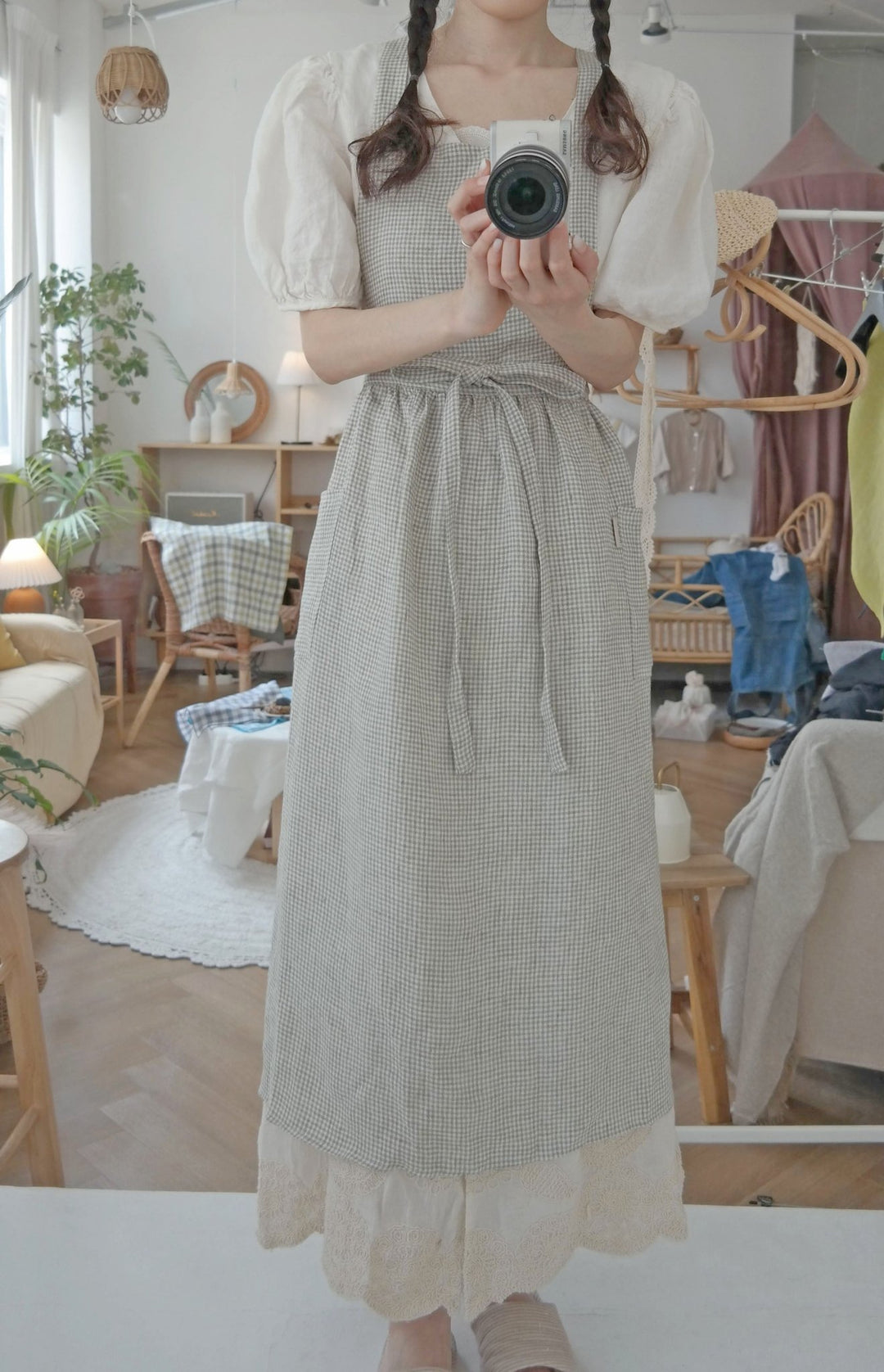 Linen Cross Back Apron with Small Gingham Check - The Linen Lab - Light Green