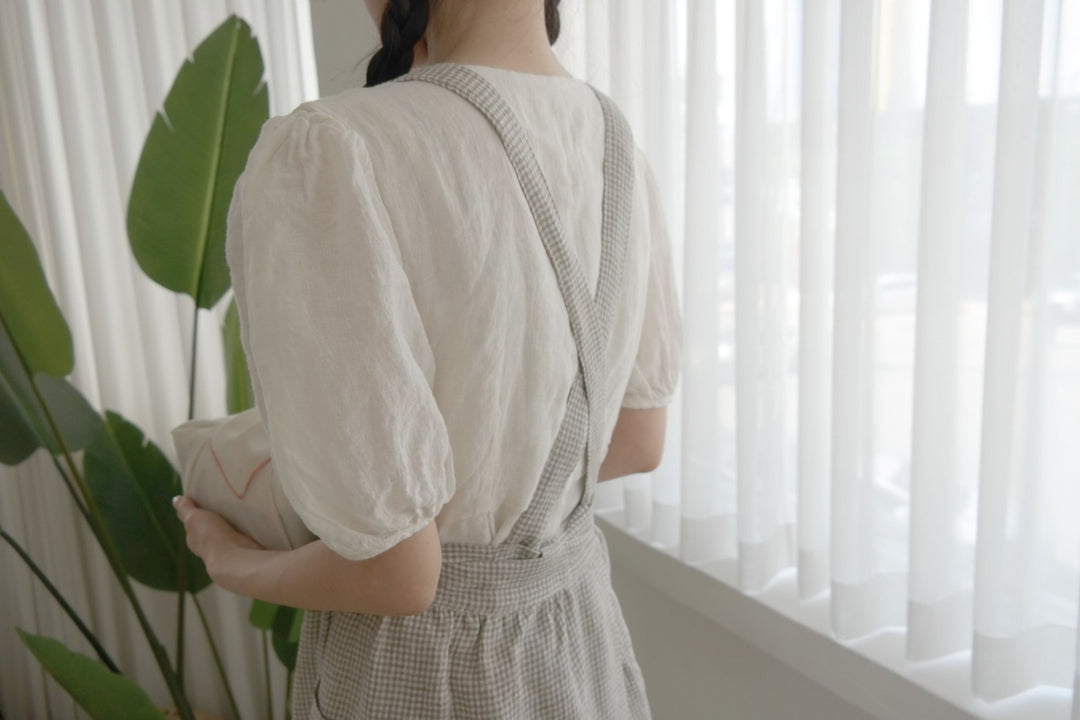 Linen Cross Back Apron with Small Gingham Check - The Linen Lab - Light Green