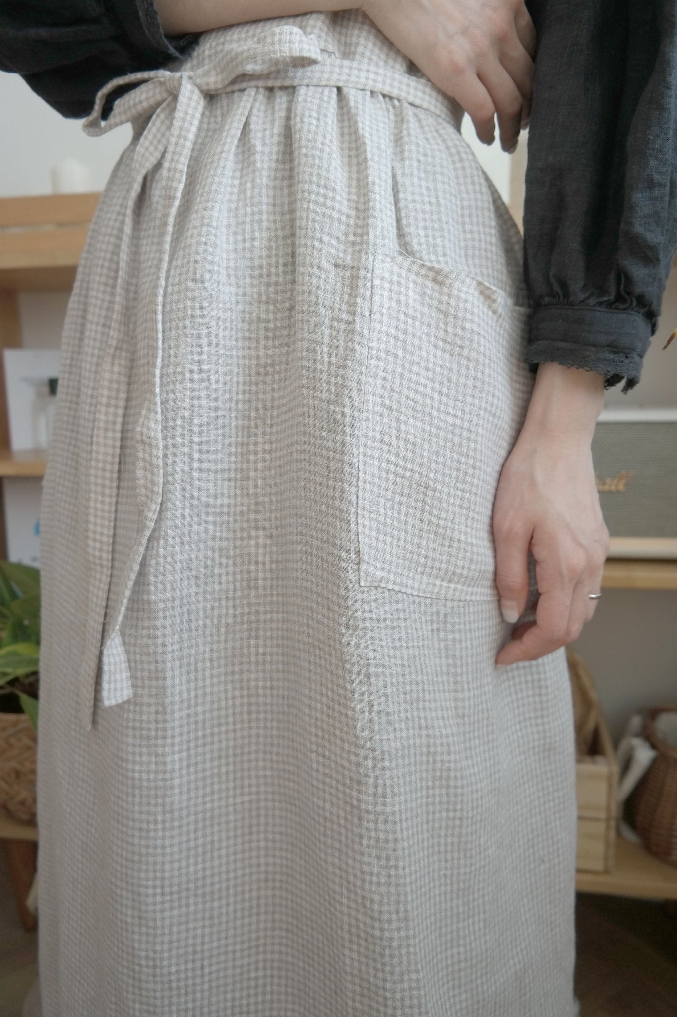 Linen Cross Back Apron with Small Gingham Check - The Linen Lab - Beige