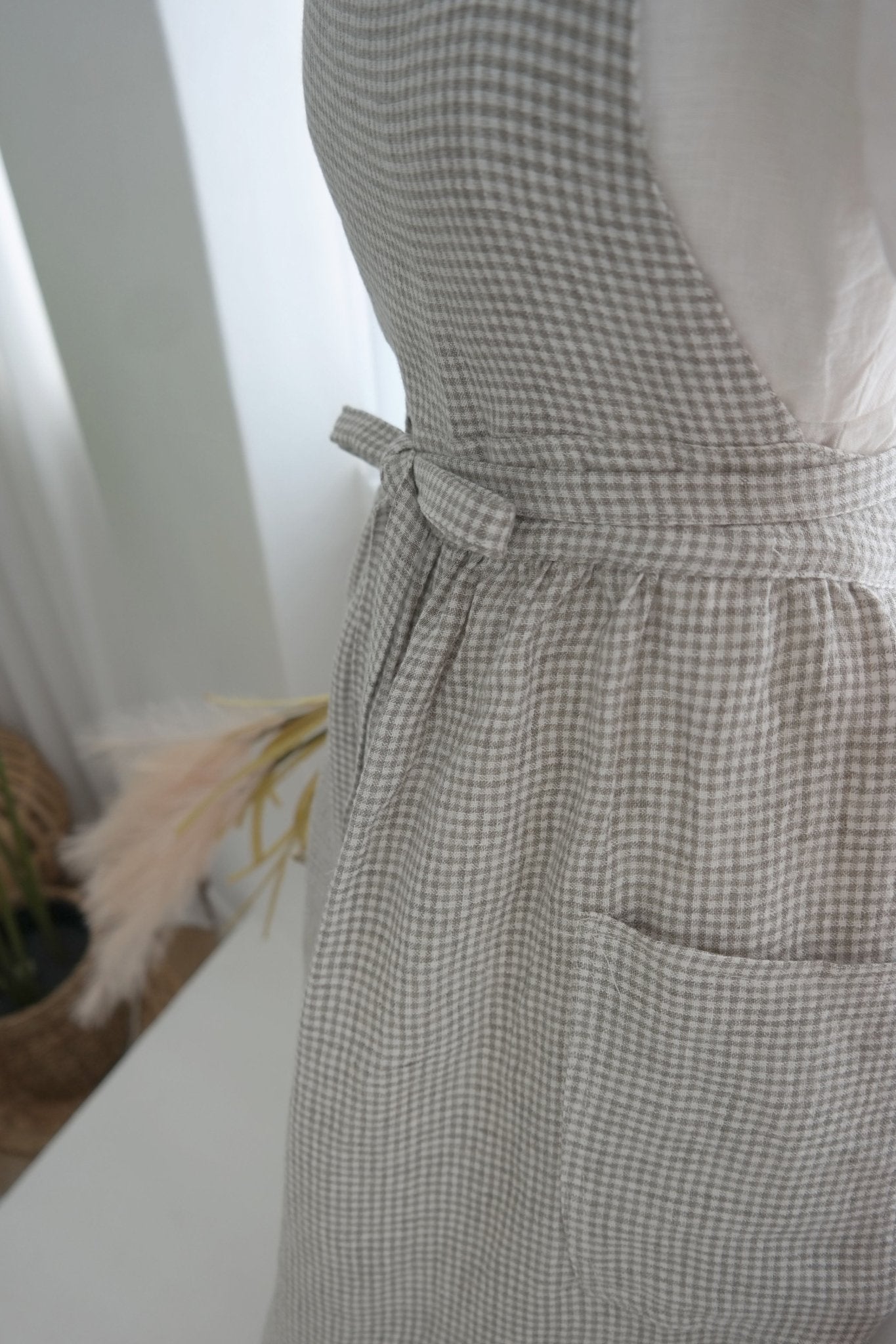 Linen Cross Back Apron with Small Gingham Check - The Linen Lab - Light Green