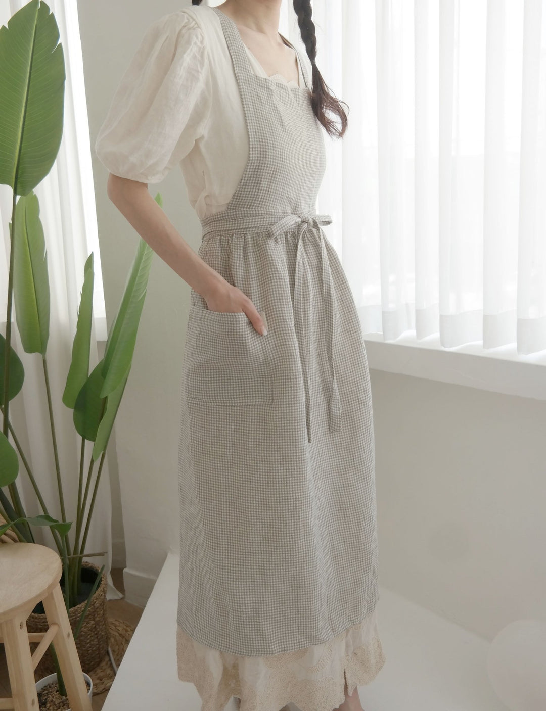 Linen Cross Back Apron with Small Gingham Check - The Linen Lab - Light Green