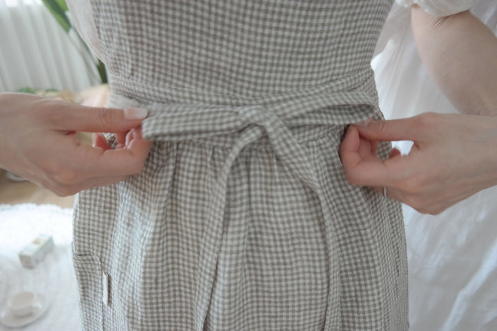 Linen Cross Back Apron with Small Gingham Check - The Linen Lab - Light Green