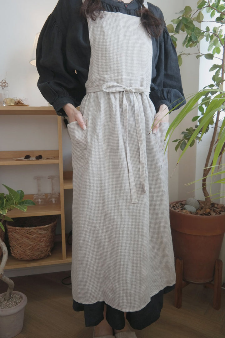 Linen Cross Back Apron with Small Gingham Check - The Linen Lab - Beige