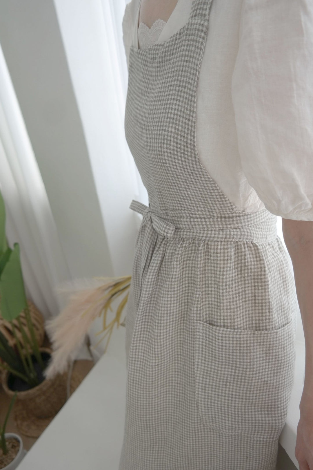 Linen Cross Back Apron with Small Gingham Check - The Linen Lab - Light Green