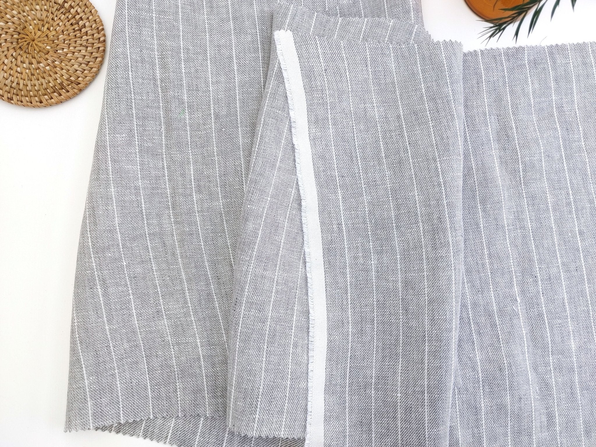 Gentle Grey Stripes: 100% Linen Chambray Twill Fabric 7614 - The Linen Lab - Grey