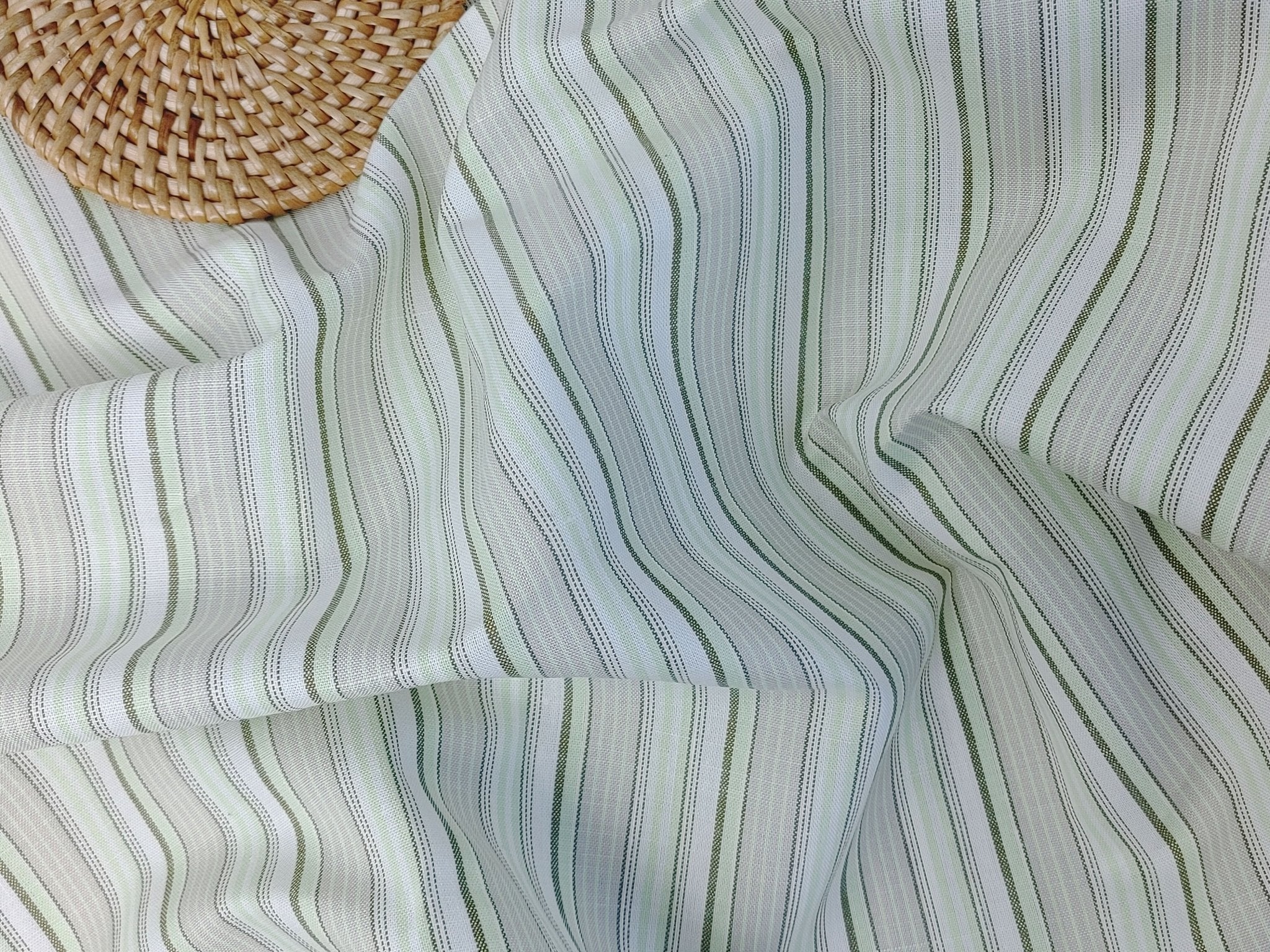 Green Stripe Cotton Ramie Fabric with Plain Weave 154 - The Linen Lab - Green