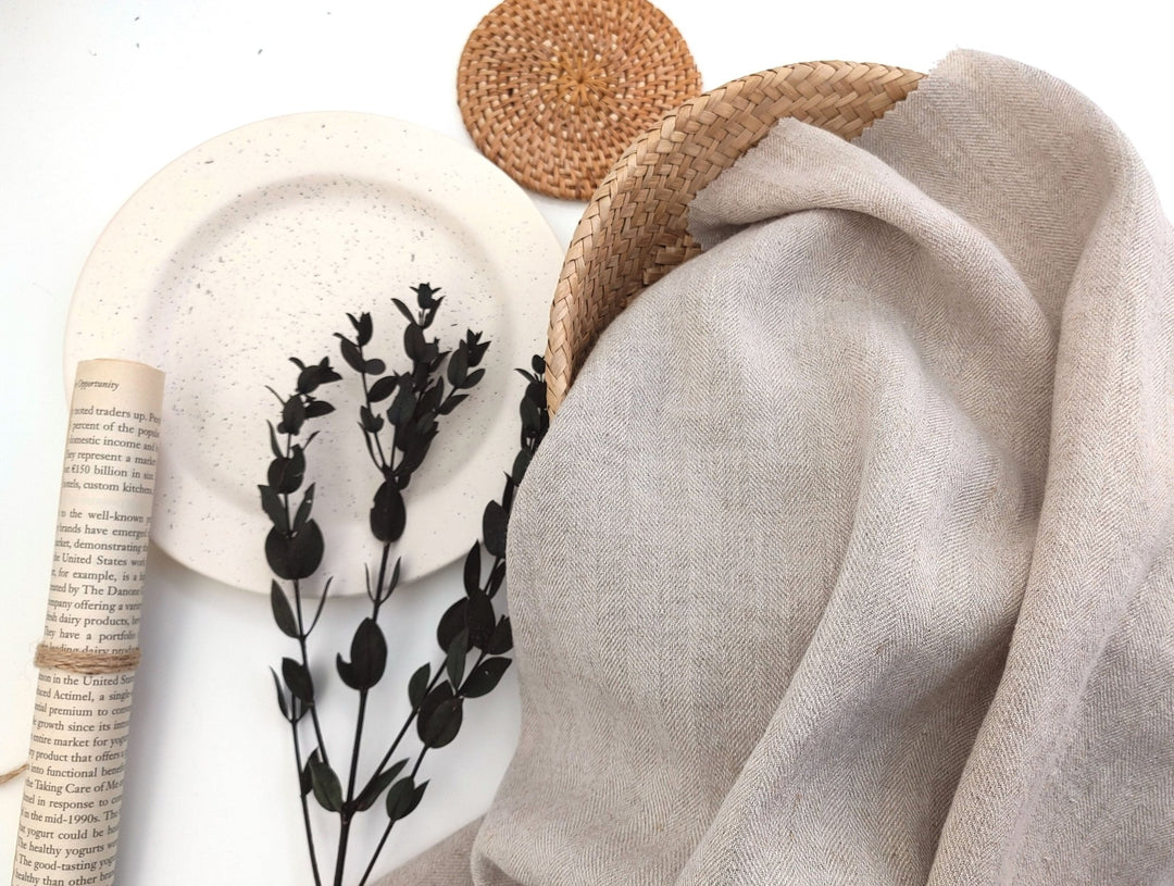 Harmony Hues: Natural Linen Polyester HBT Herringbone Twill Fabric 7730 - The Linen Lab - Natural