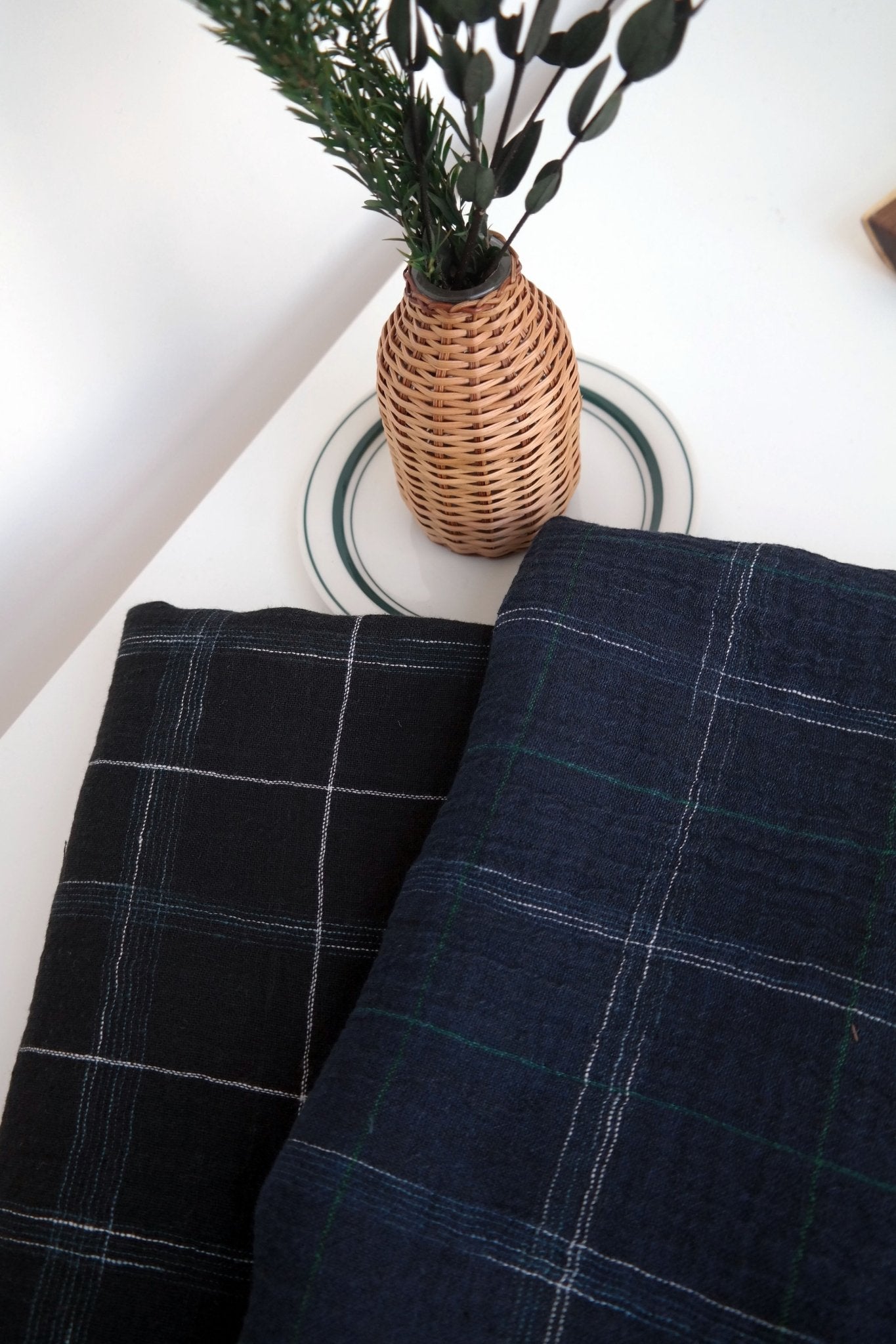 High Twisted Linen Fabric with Wrinkle Effect -Spaced Dyed Windowpane Check 6645 6688 - The Linen Lab - NAVY 6688