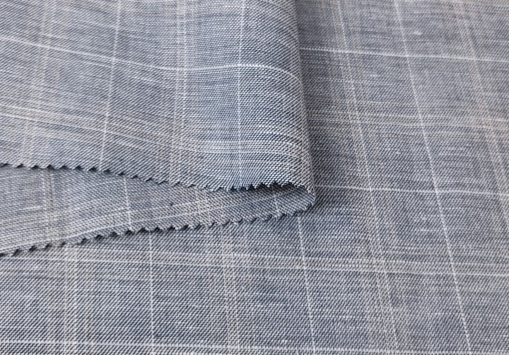 Light-Medium Weight Linen Cotton Twill Fabric with Simple Plaid Pattern 4393 - The Linen Lab - Navy
