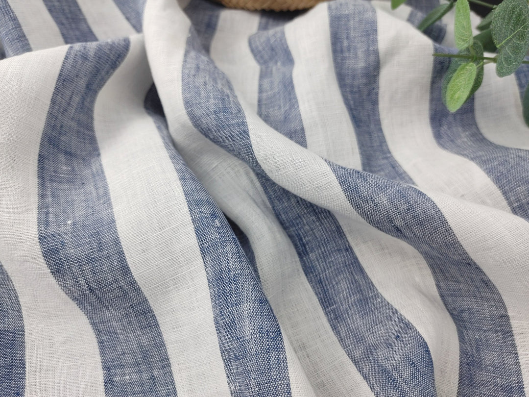Light Weight 100% Linen Blue Bold Stripe Fabric 5996 - The Linen Lab - Navy