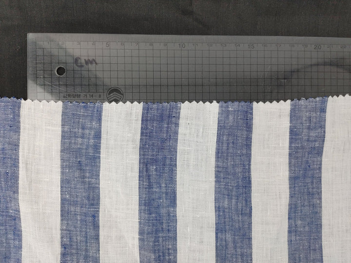 Light Weight 100% Linen Blue Bold Stripe Fabric 5996 - The Linen Lab - Navy