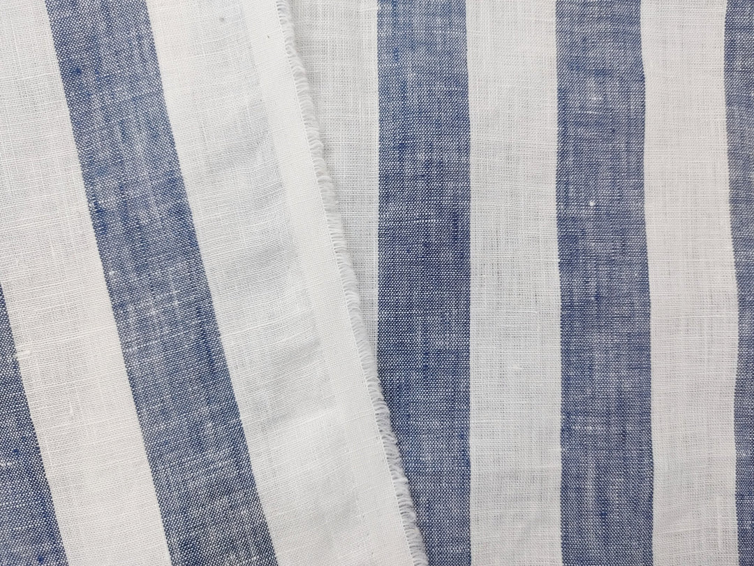 Light Weight 100% Linen Blue Bold Stripe Fabric 5996 - The Linen Lab - Navy