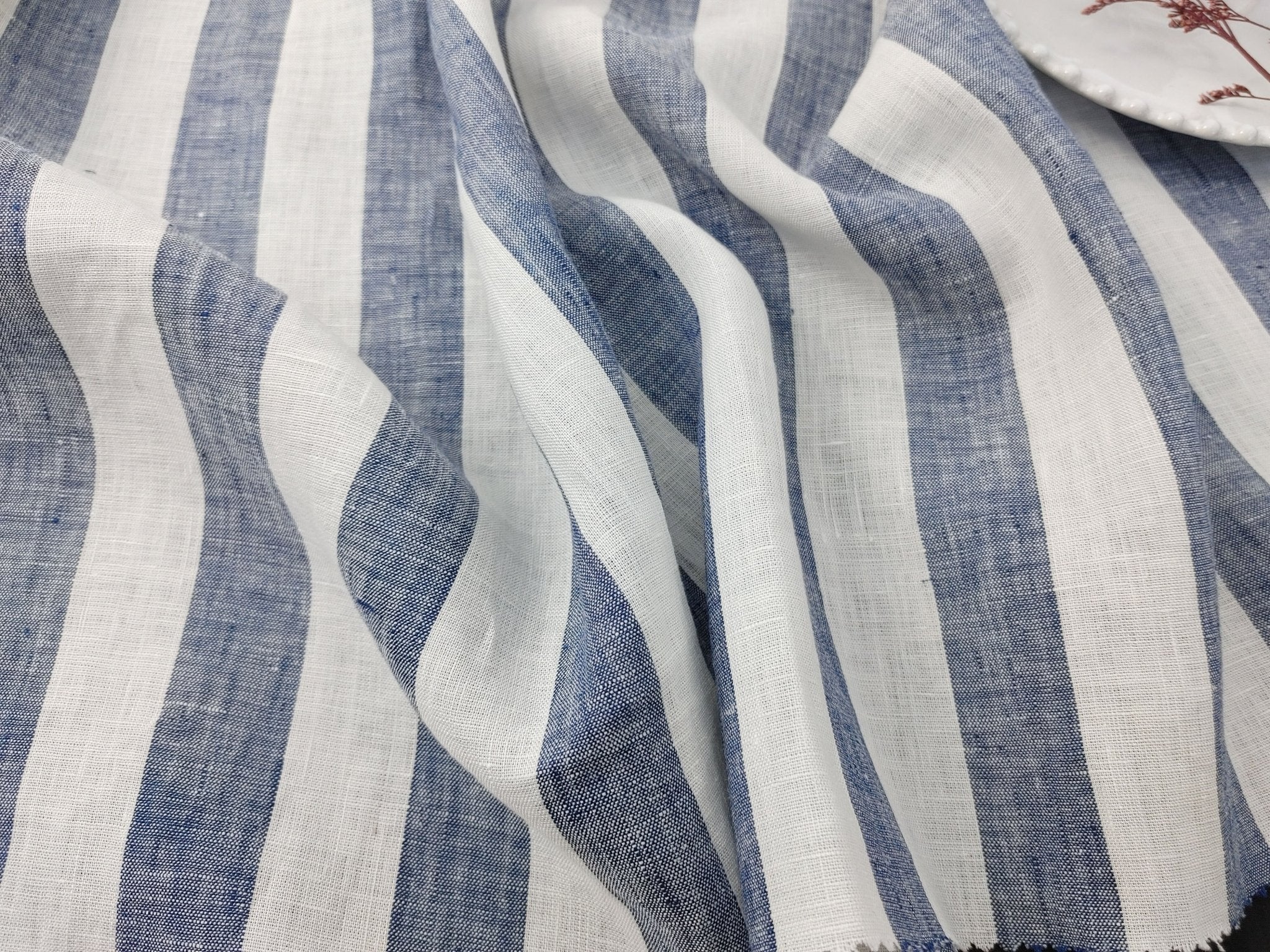 Light Weight 100% Linen Blue Bold Stripe Fabric 5996 - The Linen Lab - Navy