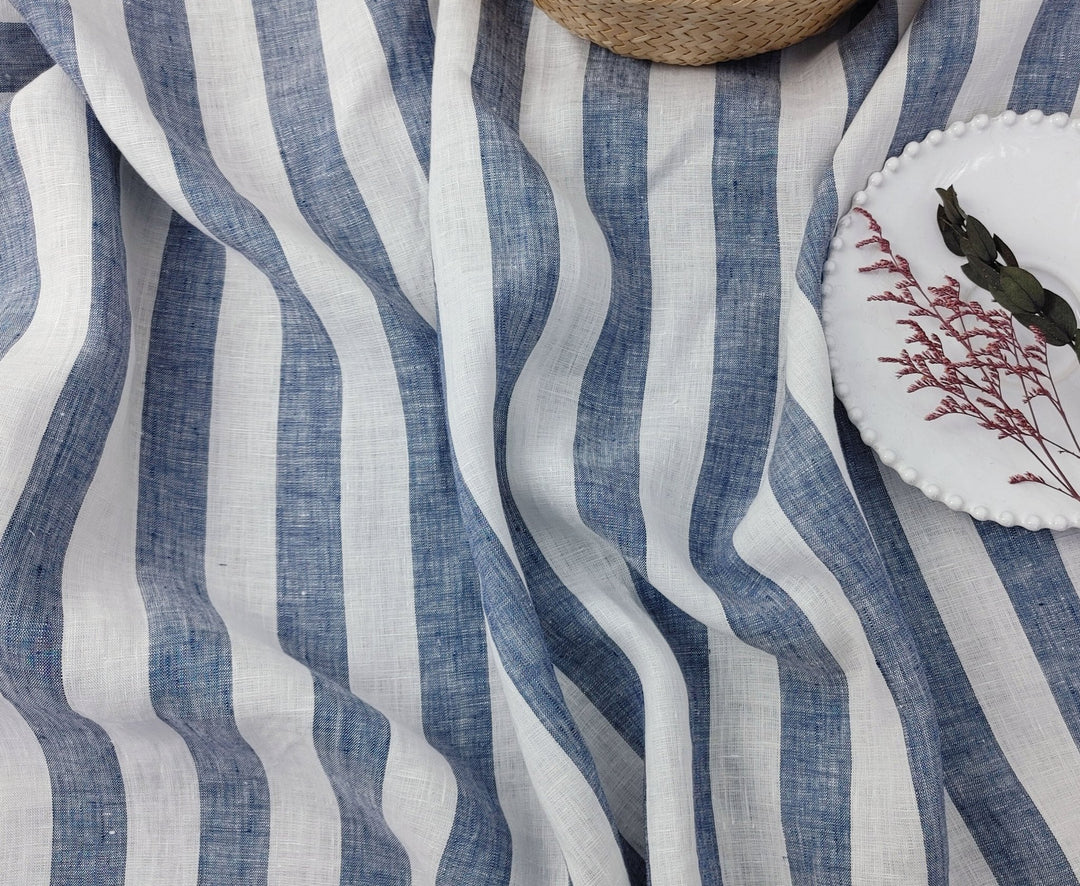 Light Weight 100% Linen Blue Bold Stripe Fabric 5996 - The Linen Lab - Navy