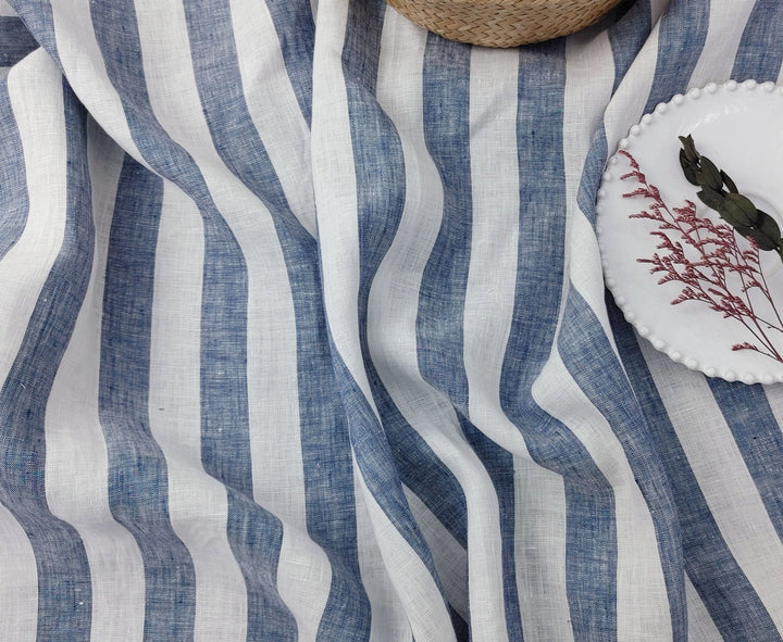 Light Weight 100% Linen Blue Bold Stripe Fabric 5996 - The Linen Lab - Navy