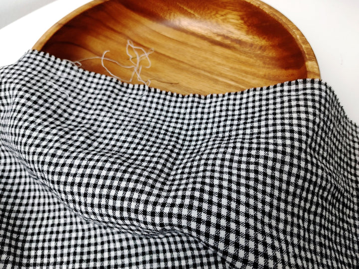 Light Weight Linen Tencel Fabric with Subtle Seersucker Gingham Check in Classic White & Black 6345 - The Linen Lab - Black & White