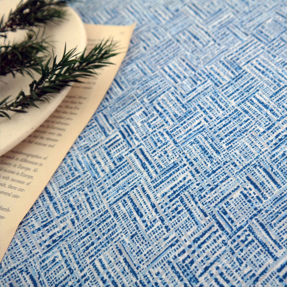 Linen Aqua Block Print Fabric (7373) - The Linen Lab - blue