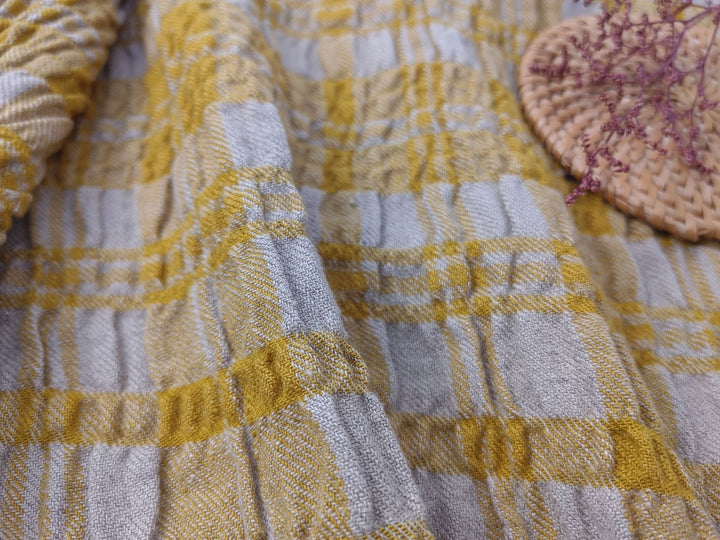 Linen Blend Plaid Fabric with Distinctive Wrinkle Effect 6388 6389 - The Linen Lab - Green