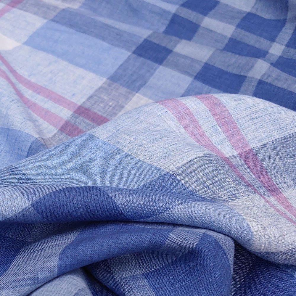 Linen Blue Big Check Fabric (4849) - The Linen Lab - Blue