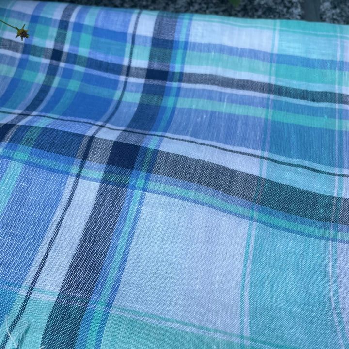 Linen Blue Navy Big Check Fabric (4106) - The Linen Lab - Blue