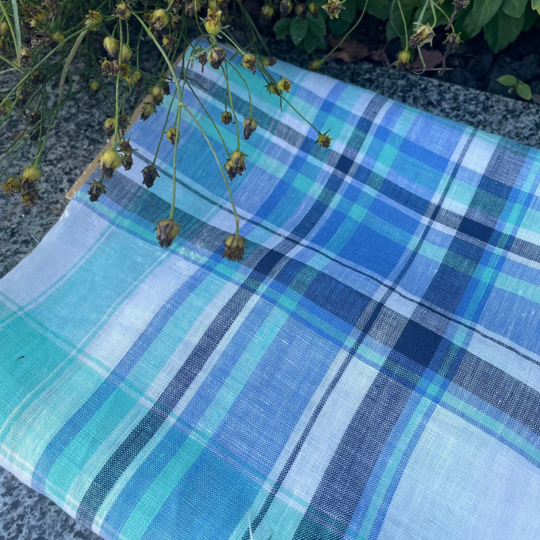 Linen Blue Navy Big Check Fabric (4106) - The Linen Lab - Blue
