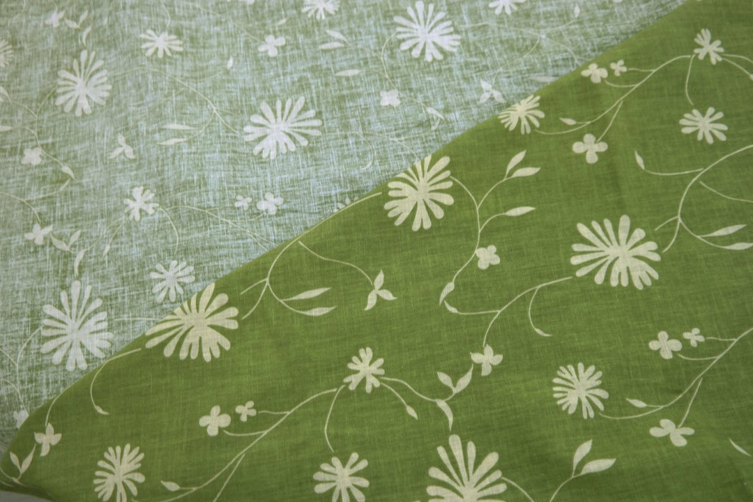 Linen Cotton Blended Fabric with Green Leaf Print (978) - The Linen Lab - Green